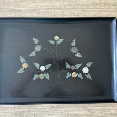 Vintage Couroc Black Serving Tray - Tree of Life With Inlaid Coins 