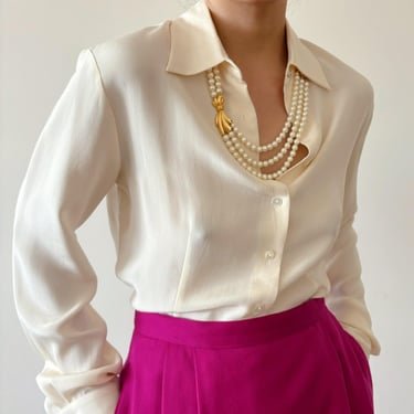 vintage silk blouse silk shirt minimalist silk top 90s retro style silk top white cream capsule wardrobe button down matte silk size M 