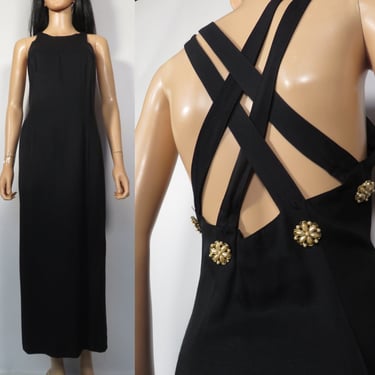 Vintage 90s Black Cross Back Maxi Party Dress With Side Slit Made In USA Size M 10 