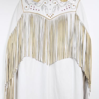 Vintage White Leather Cowgirl Western Long Fringe Jacket Coat Silver & Gold Metallic Appplique with Rhinestones Artisan 
