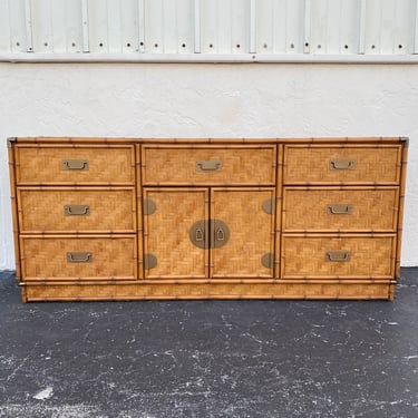 SOLD Vintage Dresser by Dixie with Faux Bamboo, Woven Rattan and 9 Drawers - Campaign Hollywood Regency Coastal Style Furniture 