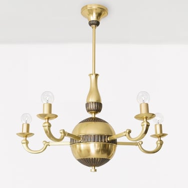 Swedish Art Deco brass 5-arm chandelier with patinated details
