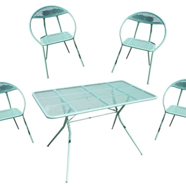 Mid-Century Aqua Turquoise Steel Outdoor or Patio Dining Set with Four Chairs 