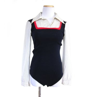70s Knit Bodysuit Leotard with Contrasting Collar and Yoke, Navy Top with Red Trim, Polkadot Blouse, Mod Top, Snap Crotch, Marcia Brady 