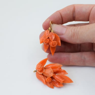 Antique Victorian Carved Coral and Goldfill Earrings and Brooch Set | 1800s Floral Earrings and Pin 