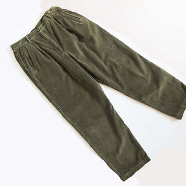 Vintage 90s Green Corduroy Pants 29 -  Pleated High Waist Trousers - Preppy Academia Cord Tapered Leg Pants - Earth Tone Liz Claiborne 