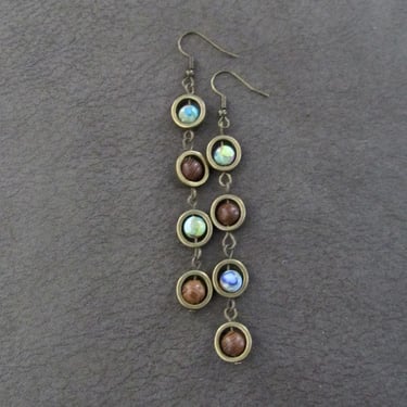 Multicolor jasper, wooden, and bronze dangle earrings 