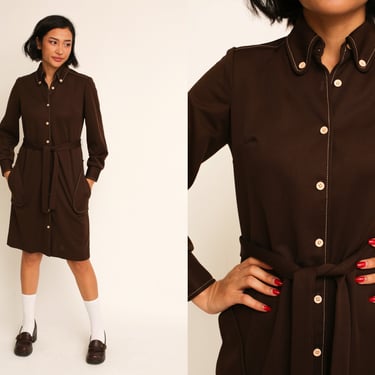 Vintage 1970s 70s Chocolate Brown Knee Length Long Sleeve Shift Button Down Contrast Dress w/ Beagle Collar 