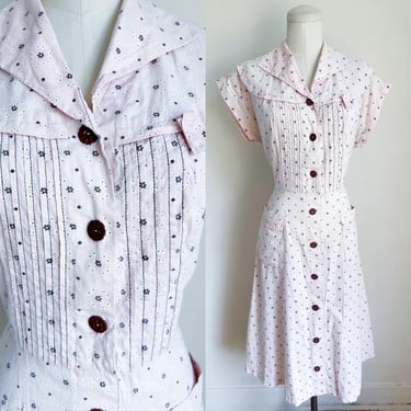 Vintage 1950s Cherry Blossom Print Shirt Dress / M 
