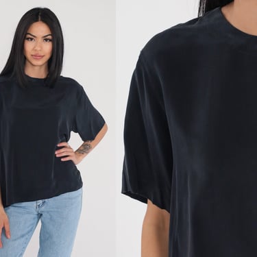 Black Silk Shirt 90s Simple Blouse Plain Short Sleeve Top Retro Minimalist Basic Solid Casual Silky T-Shirt Loose Vintage 1990s Medium M 