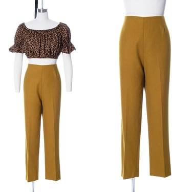 Vintage 1960s Pants | 60s Wool Mustard Yellow High Waisted Slim Tapered Cut Mid Century Minimalist Trousers (medium) 