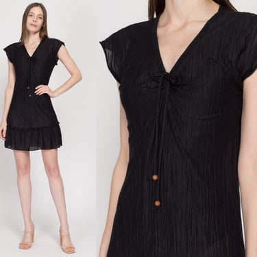 Small 90s Sheer Black Mini Sundress | Vintage Grunge Short Sleeve Boho Beach Cover Up Dress 