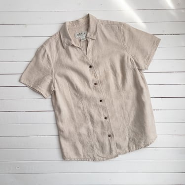 beige linen blouse 90s vintage Orvis minimalist tan linen short sleeve shirt 