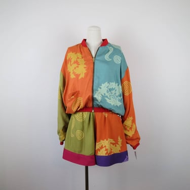 Vintage NWT 1990s 2 piece set, shorts, bomber jacket, deadstock, color block 