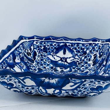 Vintage Mexican Pottery Large Cobalt Blue Hand Painted Square Bowl Talavera  Mexico Folk Art  -11" 