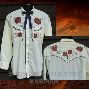 Karman Vintage Western Men's Cowboy, Rodeo Shirt, Creamy Yellow with Embroidered Brown Flowers, Approx. XLarge (see meas. photo) 