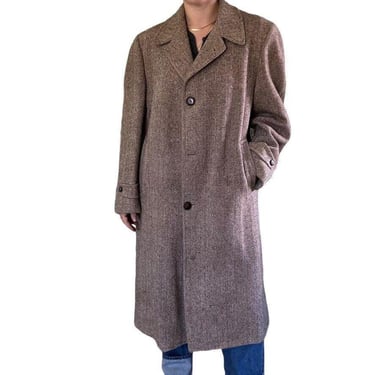 Vintage Harris Tweed Mens Brown Herringbone Wool Scottish Trench Coat Sz M 