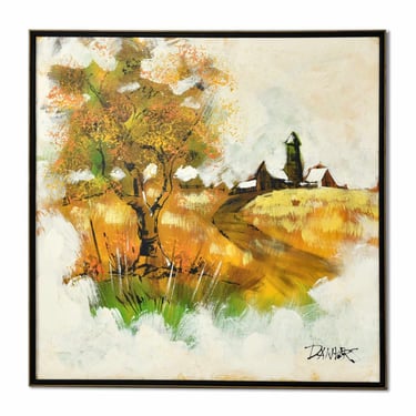Mid-Century Modern 37 Inch Square Cream Yellow and Green Rural Homestead Painting 
