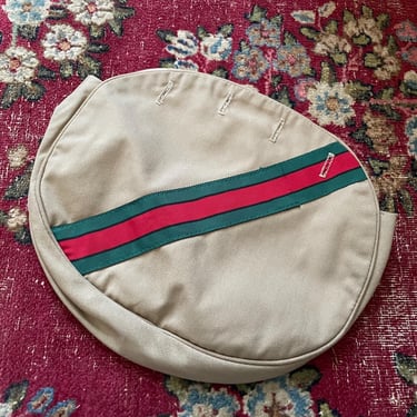 Vintage ‘80s khaki Bermuda bag cover | red & green grosgrain ribbon, button on cover, vintage prep 