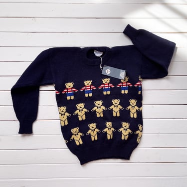 teddy bear sweater 80s 90s vintage Chrissy Norman child's navy blue wool sweater 