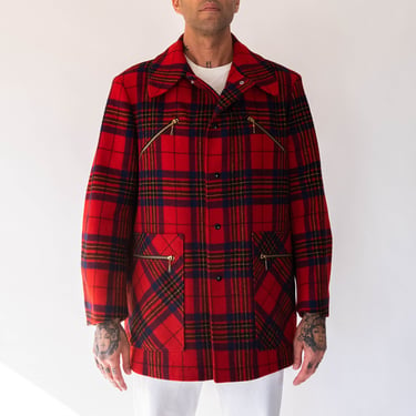 Vintage 50s Pendleton Red Plaid Four Pocket Quilt Lined Button Up Coat w/ Brass Talon Zippers | Made in USA | 1950s Wool Chore Jacket 