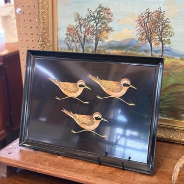 Free shipping within continental US - Vintage Mid-Century Modern Black Lacquer Tray with Hand-Painted Shorebirds - 1950s 