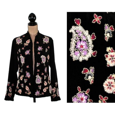 M 90s Y2K Paisley Floral Embroidered Black Jacket Medium, Open Style Faux Suede, Bohemian Folk Boho Clothes, Women Vintage COLDWATER CREEK 