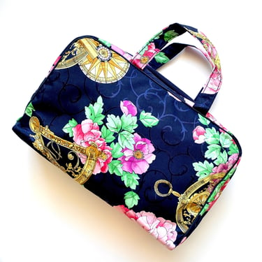 Vintage 80s Baroque Floral Top Handle Bag Purse // 1980s Blue Pink Gold Large Vanity Case 