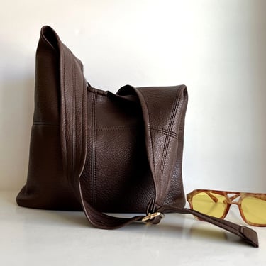 Vintage 90s Chocolate Brown Patchwork Genuine Leather Hobo Shoulder Bag 
