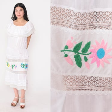 White Peasant Dress 80s Floral Embroidered Off Shoulder Midi Dress Bohemian Mexican Lace Tiered Skirt High Waist Vintage 1980s Medium Large 