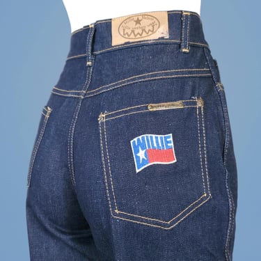 Willie Nelson 1980s jeans dark wash high rise straight creased leg back pocket patch Americana Texas flag western dance hall roadhouse (26) 