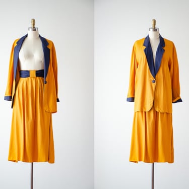 mustard yellow suit | 80s vintage yellow navy oversized blazer fit and flare midi skirt two piece set 