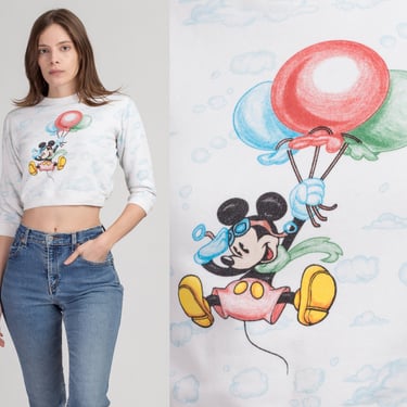 Y2K Mickey Mouse Crop Top Sweatshirt - Petite XS | Vintage Disney Balloon Cartoon Pullover 