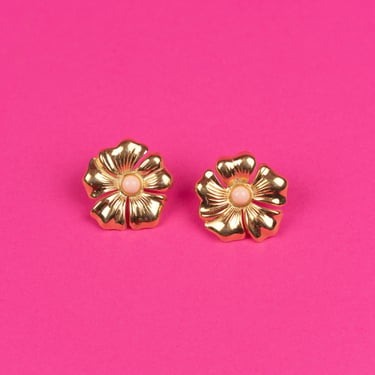 Vintage 80s AVON Large Gold Tone Flower Stud Earrings with Peach Center 