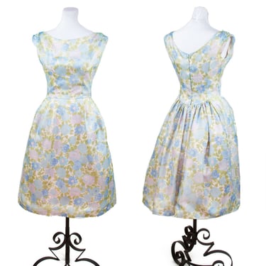 1960s Dress // Blue Floral Nylon Chiffon Full Skirt Sleeveless Garden Party Dress by Lorrie Deb 