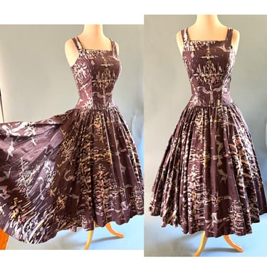 Charming Vintage 1950's Polished Cotton Sun Dress with a supper full pleated Skirt By 