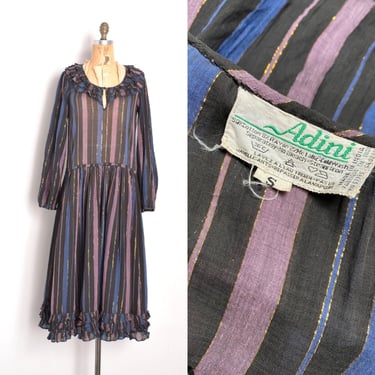 Vintage 1970s Dress / 70s Adini Striped Indian Cotton Dress / Black Blue Purple ( S M L ) 