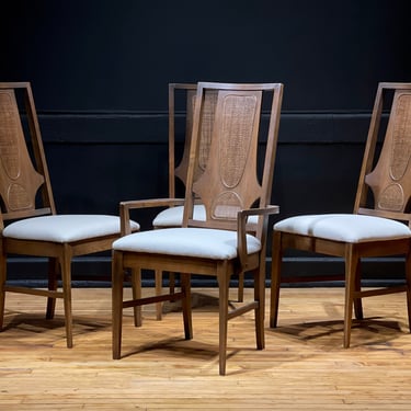 Rare Broyhill Brasilia Cane Back Walnut Dining Chairs Set of 4 - Vintage Mid Century Modern Broyhill Furniture 