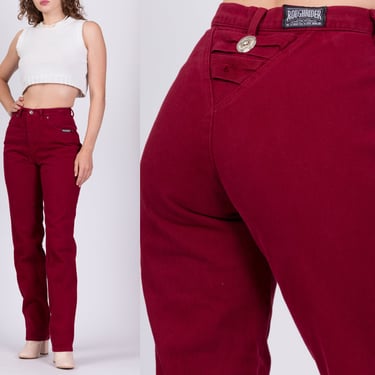 90s Wine Red Western High Waist Jeans - Small Long, 27" | Vintage Roughrider Circle T Denim Tapered Leg Mom Jeans 