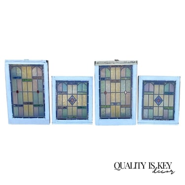Antique Art Deco Leaded Stained Glass Pink Green Blue Yellow Windows - (2) Pair