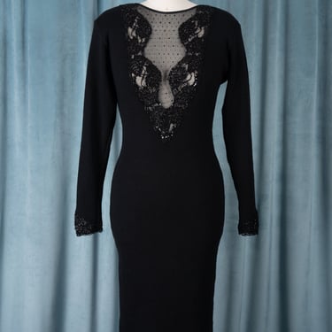 Vintage 1980s Michelle Stuart 100% Lambswool Sheath Dress with Sheer Swiss Dot Deep V Front Panel and Beaded Lace Trim 