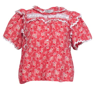 Sea NY - Red &amp; Ivory Floral Ruffle Top Sz S
