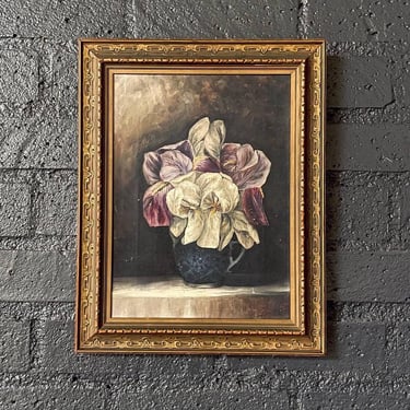 Antique 1894 Still Life Oil Painting of Irises in Ornate Gilded Frame – Signed M. Merle 
