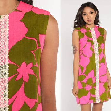 Floral Shift Dress 60s Mod Mini Dress Pink Green Flower Print Gogo Twiggy Summer Sixties Minidress Sleeveless Vintage 1960s Extra Small XS 