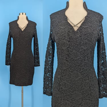 Vintage Eighties Black Stretch Lace Long Sleeve Mini Dress with Structured Neckline and Crisscross Rhinestones - Betsy & Adam 80s Sheath 