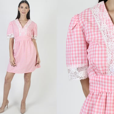 70s Country BarbieCore Dress, Pink White Gingham Material, Vintage Prairie Picnic Mini 