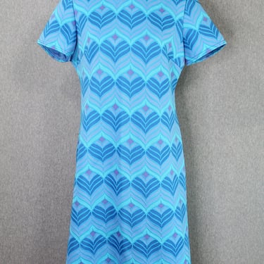 1960s Blue Op Art Dress- Double Knit Mid Century Mod Sheath- Retro- Size 8/10 