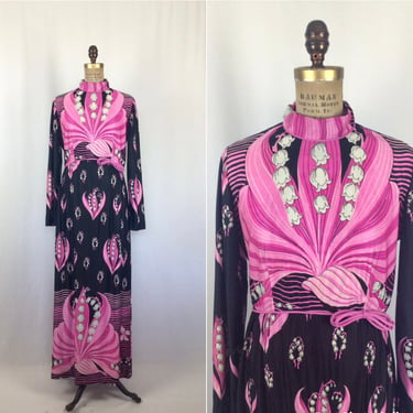 Vintage 60s dress | Vintage pink black floral print knit maxi dress | 1960s lilly of the valley print cocktail party dress 