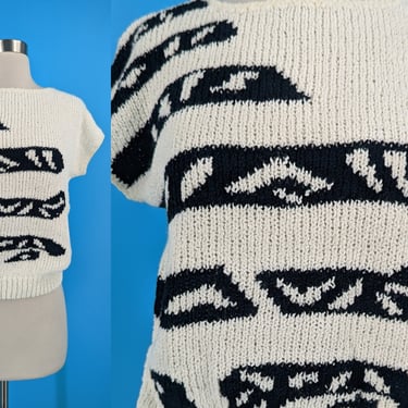 Vintage 80s Segue Short Sleeve Acrylic Knit Bold Graphic Print Pullover Sweater - Medium 
