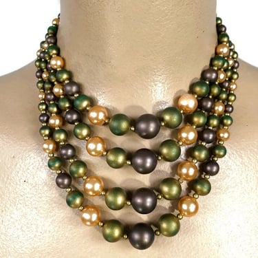 VINTAGE 50s Brown, Green and Gold Pearl 4 Strand Beaded Necklace Choker JAPAN | 1950s Mid Century Bib Necklace | VFG 